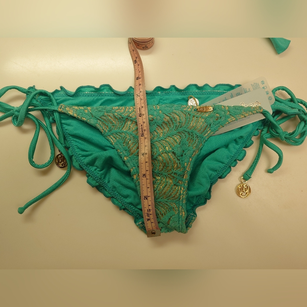 Flaw NWT Gold & Green LULI FAMA Crochet Halter Top DD Tie-Side Bikini SwimSuit M - Picture 5 of 15